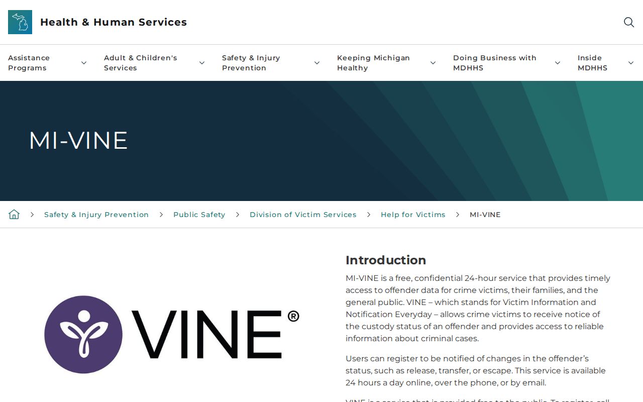 Michigan MI-VINE information page explaining custody notifications
