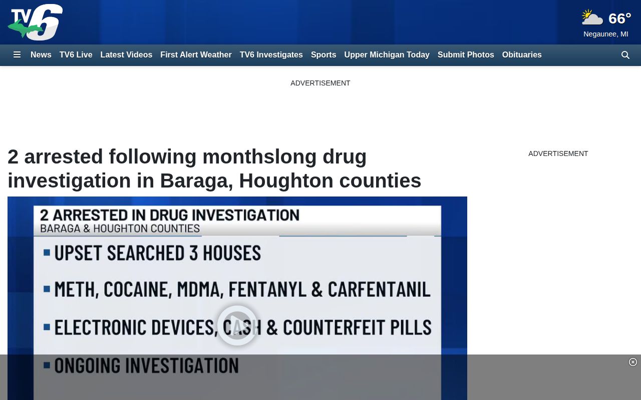 WLUC Baraga County arrest article showing source attribution and jail lodging context